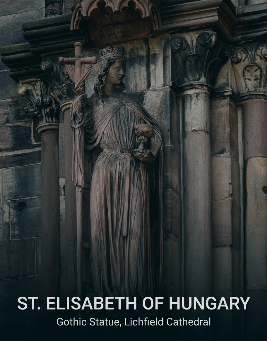 Steinerne Statue der Ecclesia mit Kreuz und Kelch an einer Kirchenfassade